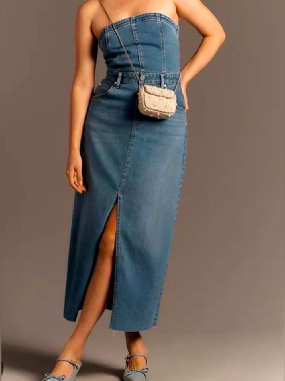 Pilcro Strapless Denim Maxi Dress in Blue